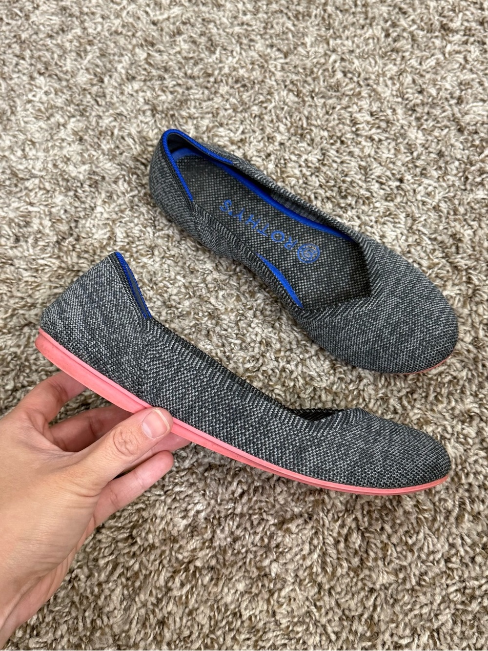 Rothys Women 7 The Flat Birdseye Charcoal Gray Pink Sole Round Toe Flats Shoes